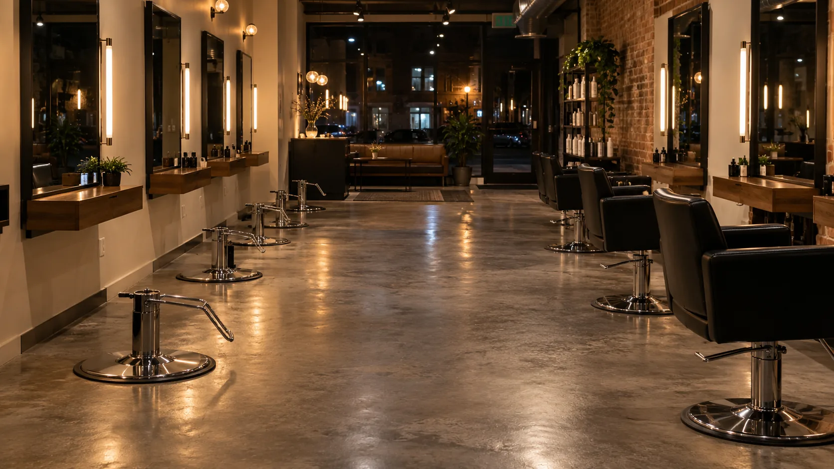 A salon floor at night with half the styling chairs' pads removed and the rest in place
