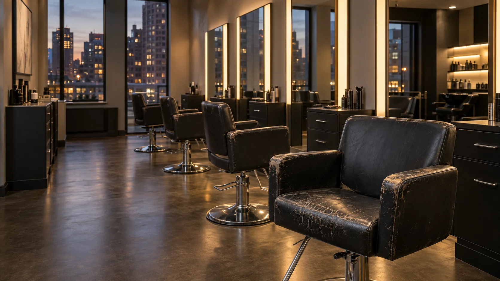 A salon floor with worn, scuffed black styling chairs
