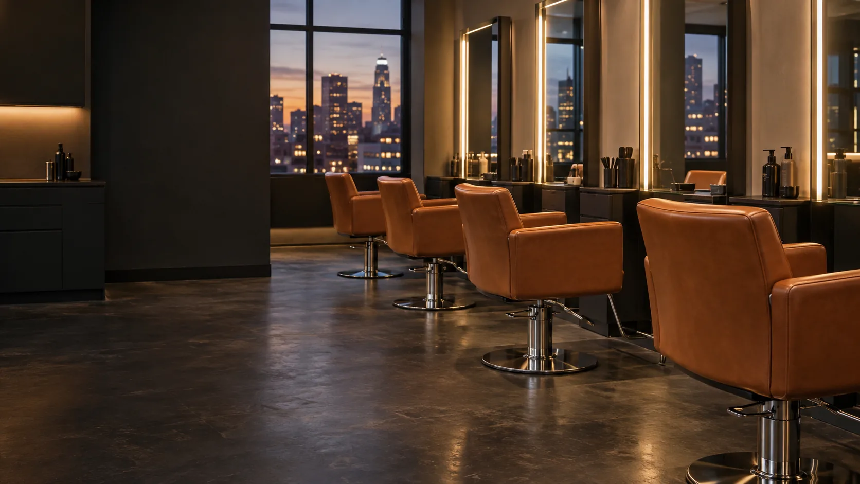 Salon furniture reupholstery NYC: styling chairs in new cognac vinyl on a Manhattan salon floor
