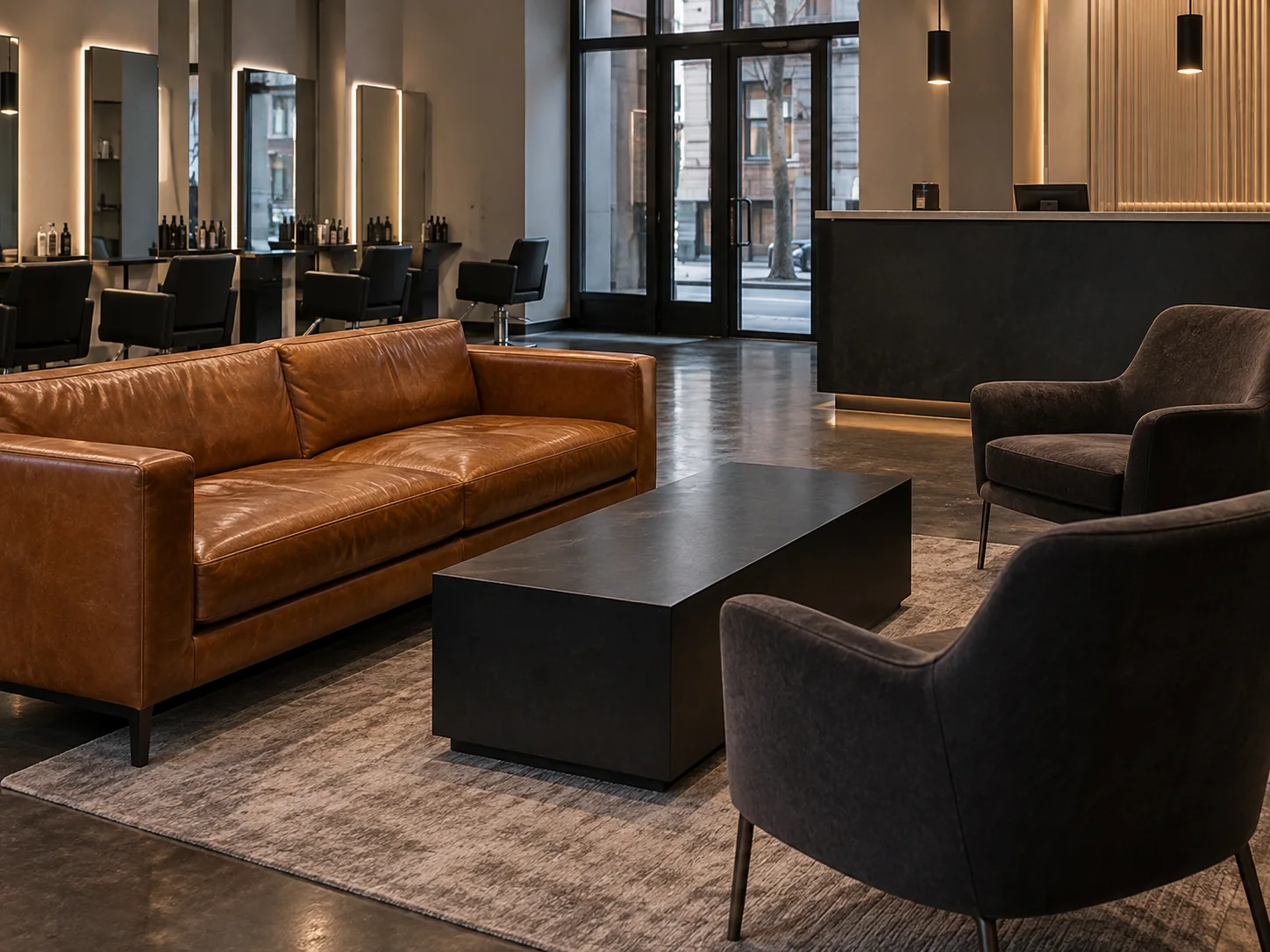 Salon reception lounge with a cognac leather sofa and dark armchairs