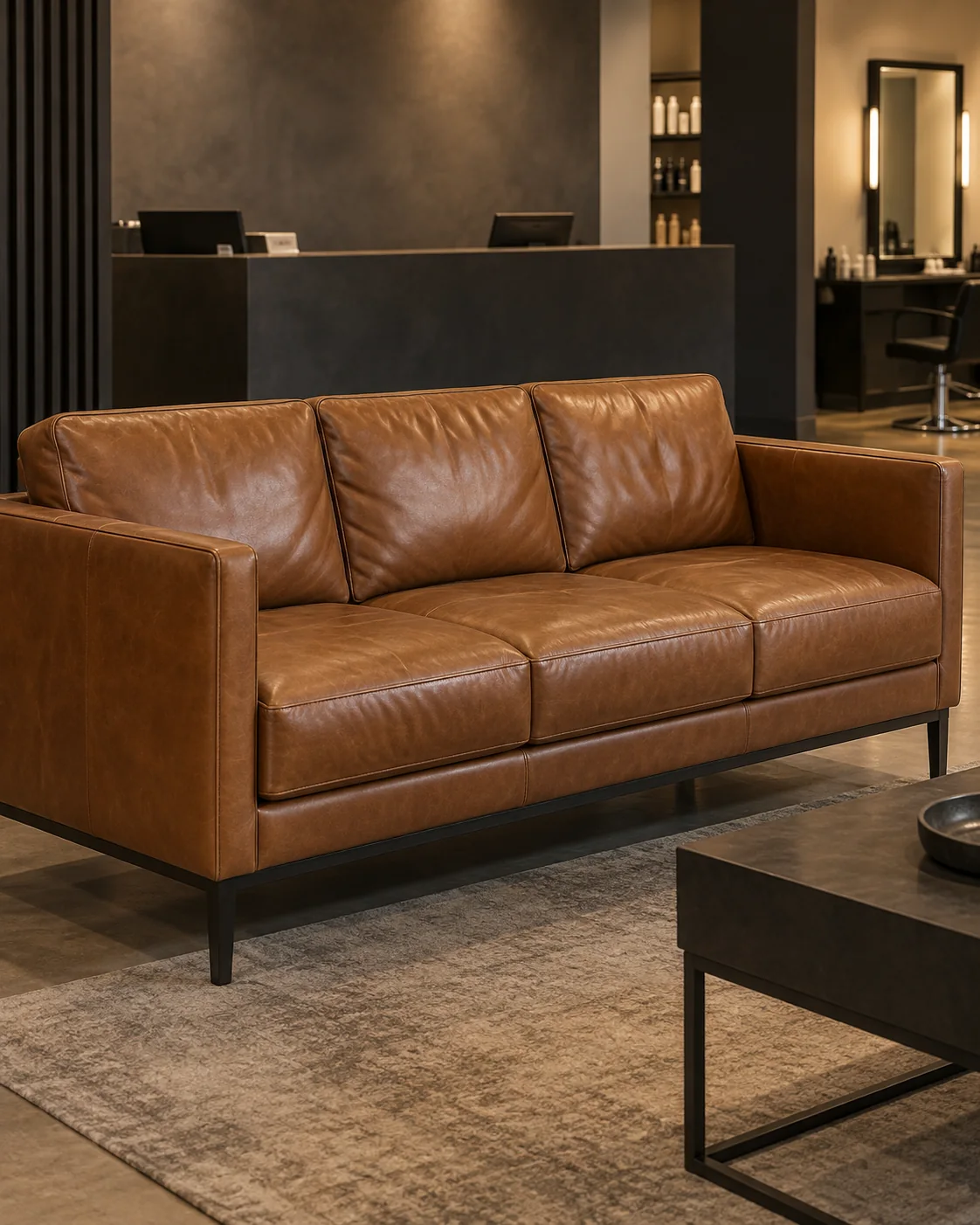 Cognac leather reception sofa in a salon lobby