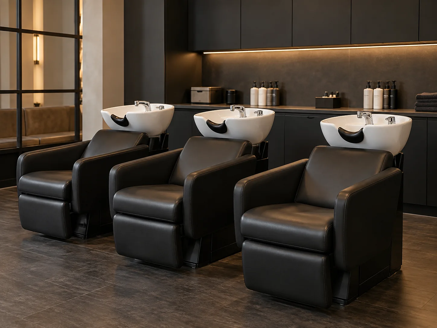 A row of black salon shampoo chairs at white backwash basins