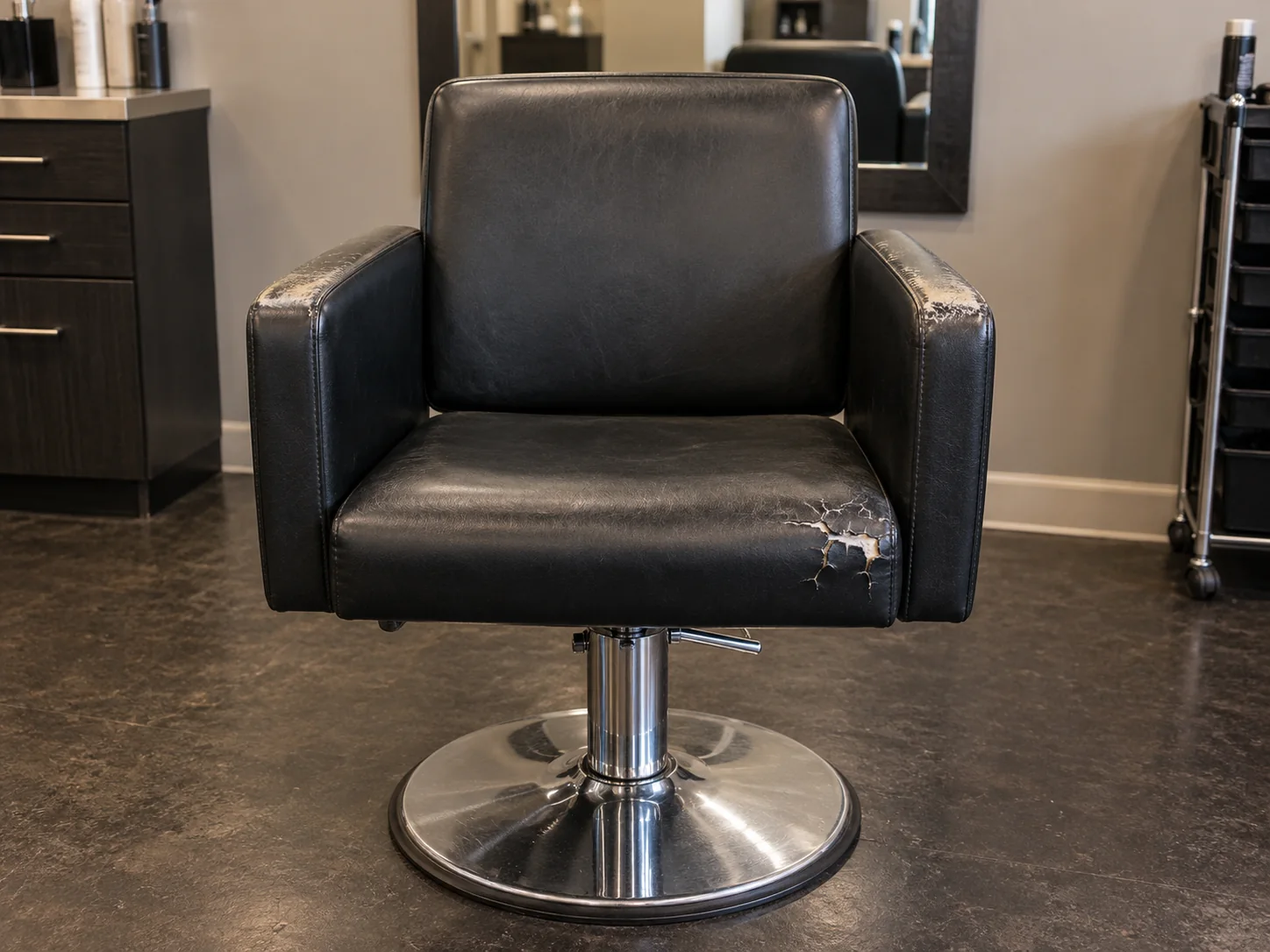 Before: a black salon styling chair with cracked, peeling seat and arms