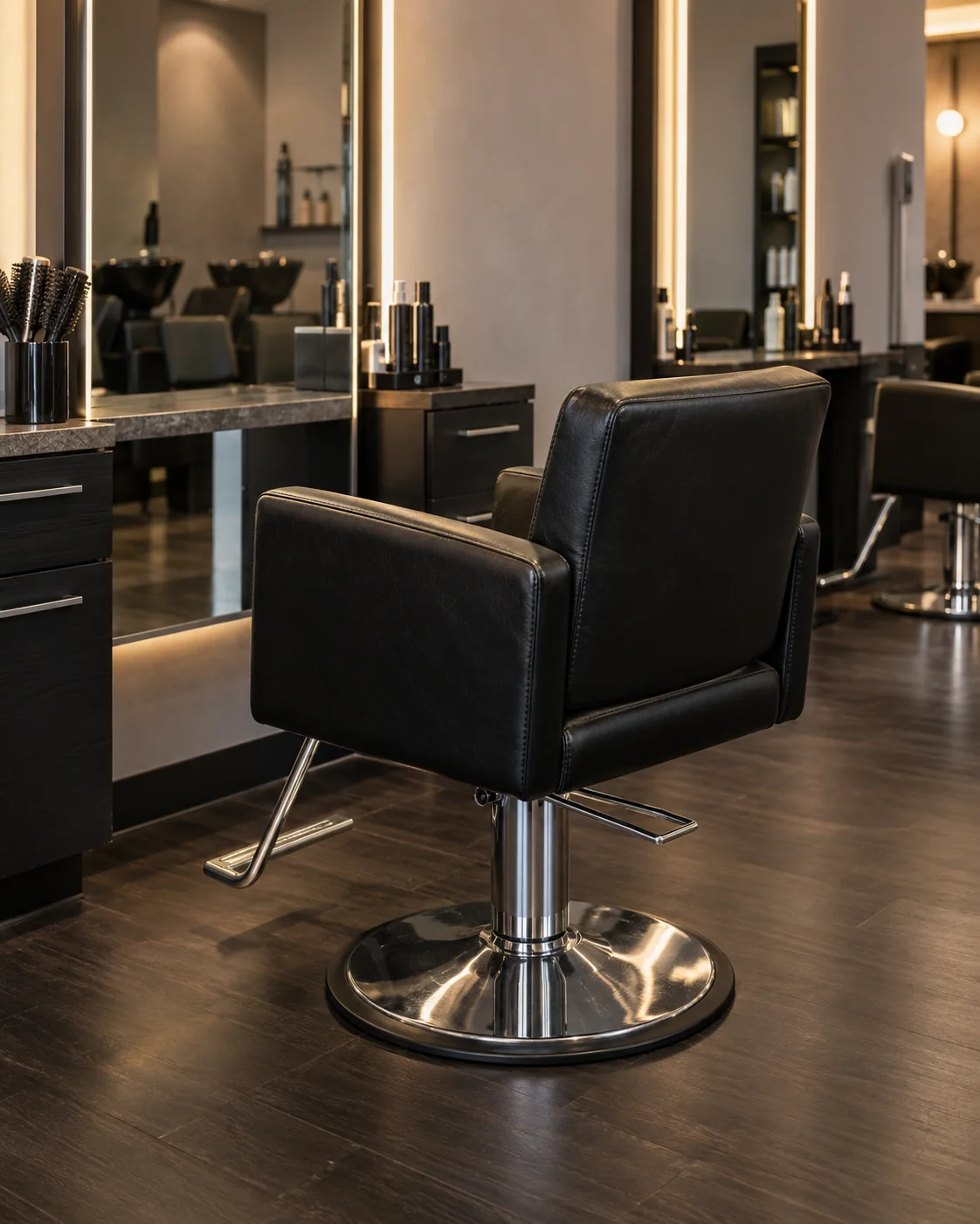 Black vinyl salon styling chair on a chrome hydraulic base