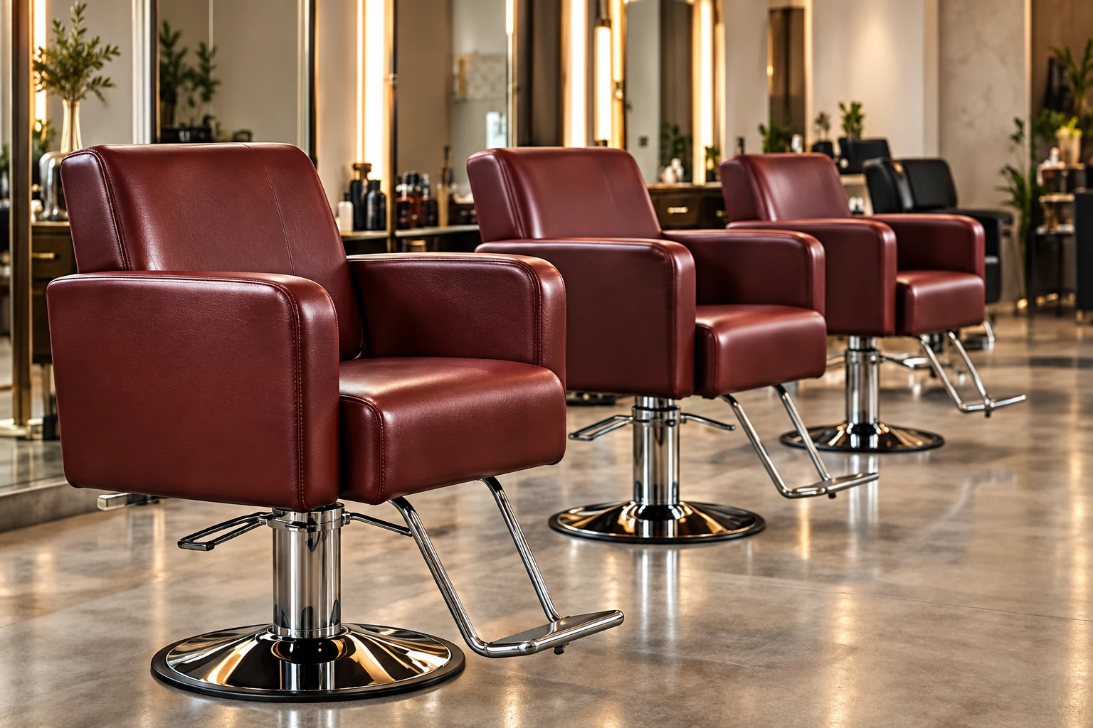 Row of recovered red salon styling chairs