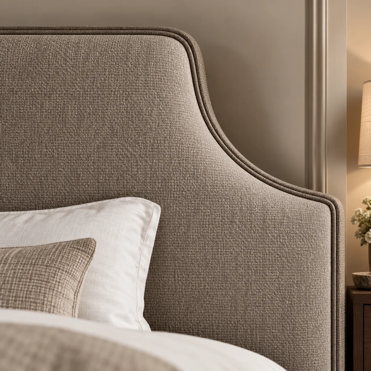 Shaped corner on an oatmeal bouclé headboard finished with a contrast welt
