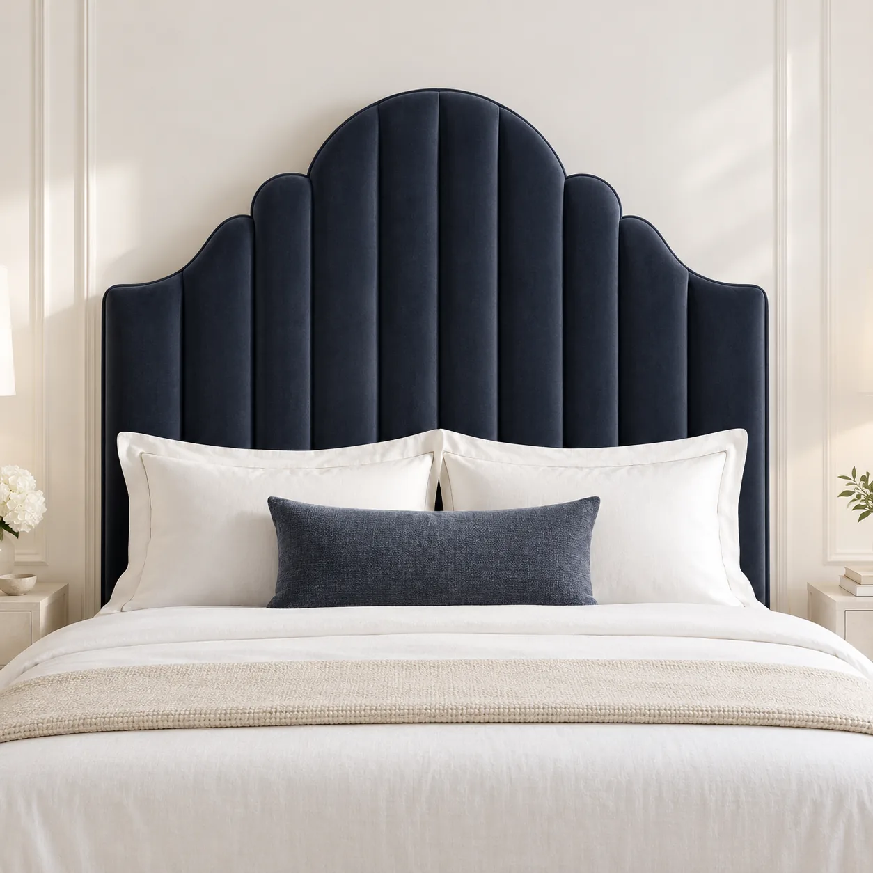 Navy velvet headboard with a scalloped crown of three arches