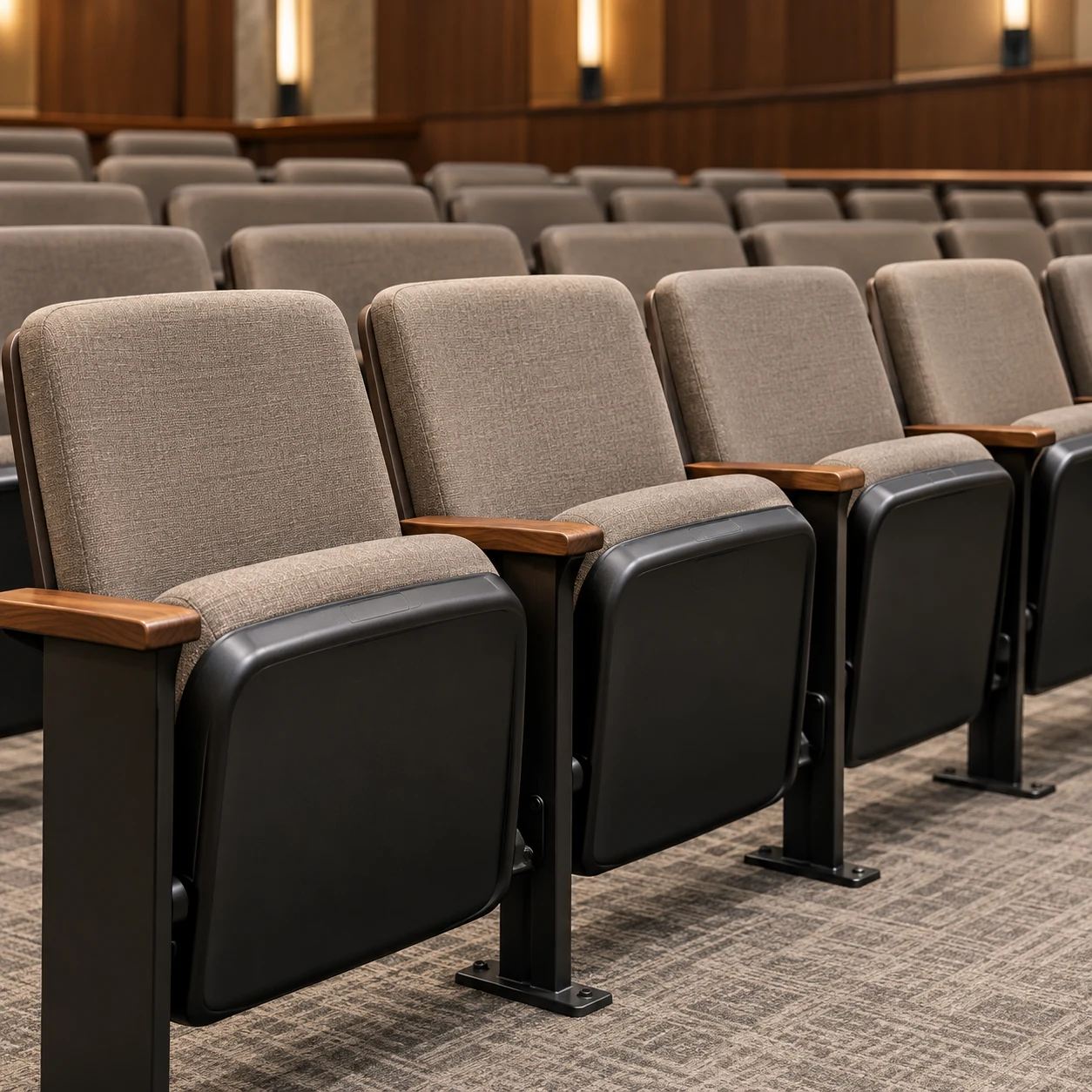 Rows of tan and black school auditorium seats with wood arm caps