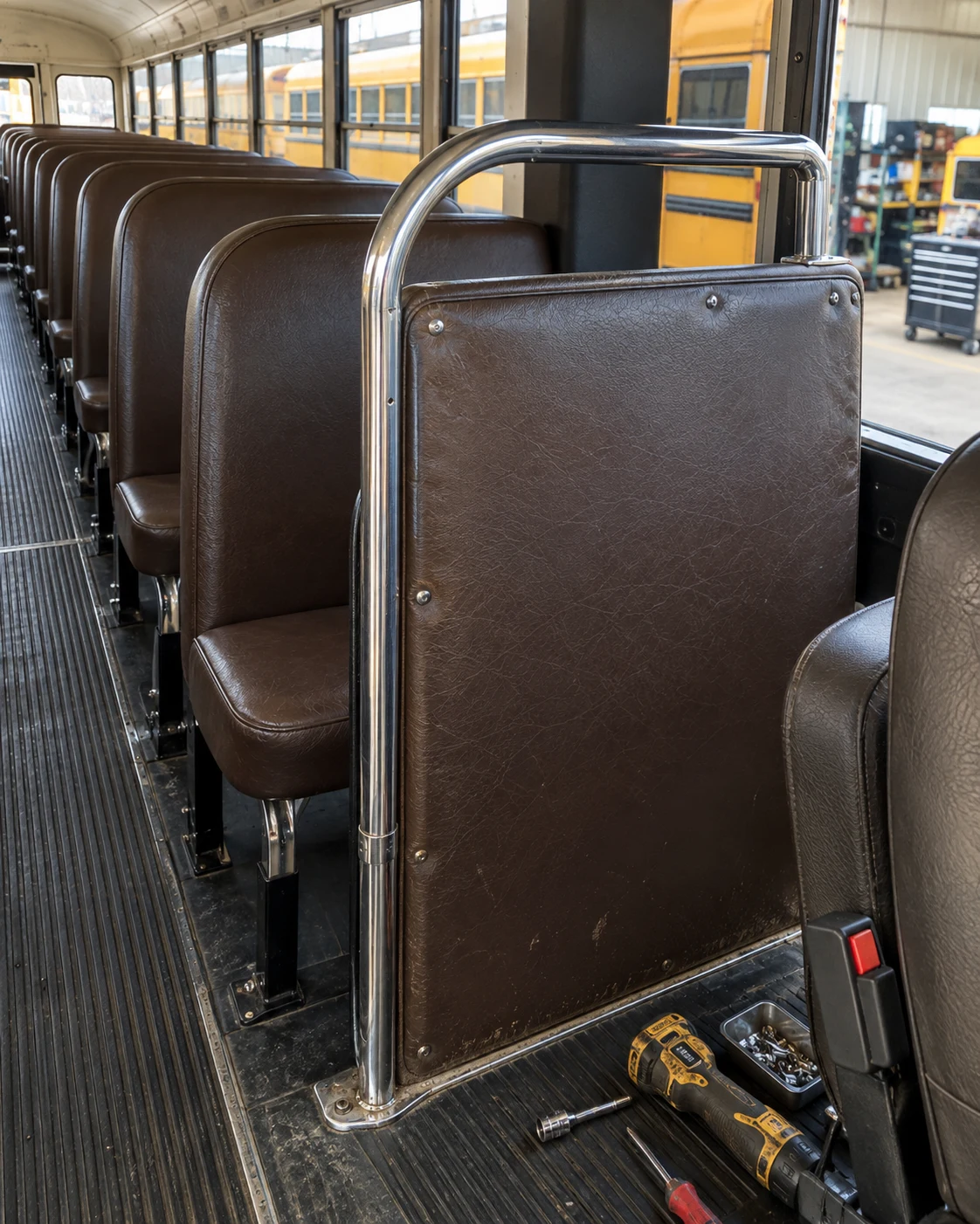 The padded barrier panel behind a school bus driver