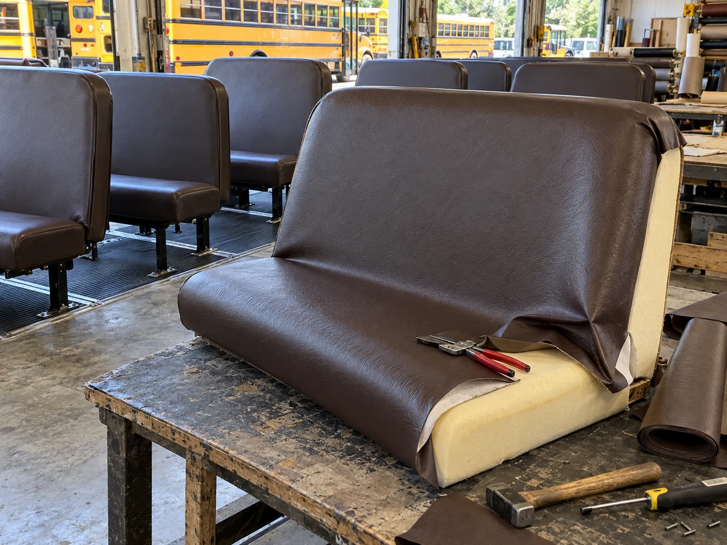A new cover stretched down over the foam of a school bus bench