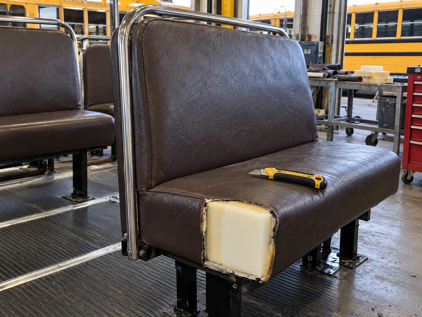 Crushed foam cut out of a school bus bench and a new block fitted