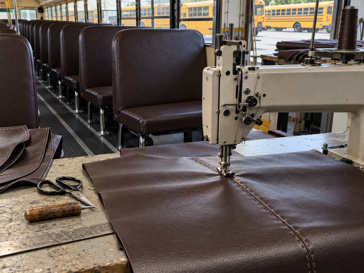 School bus seat cover panels sewn with heavy bonded thread