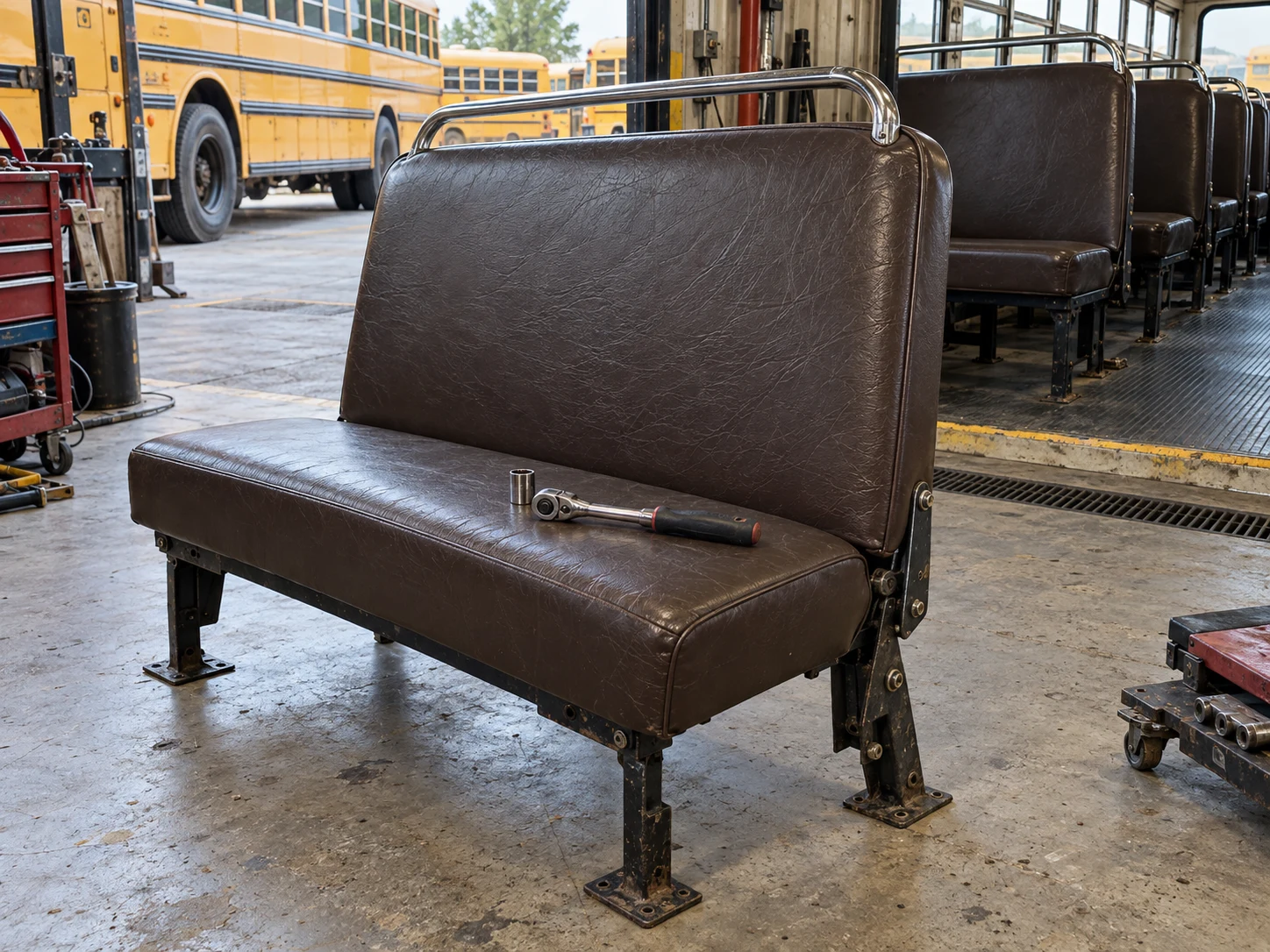 A school bus bench seat lifted out onto the shop floor