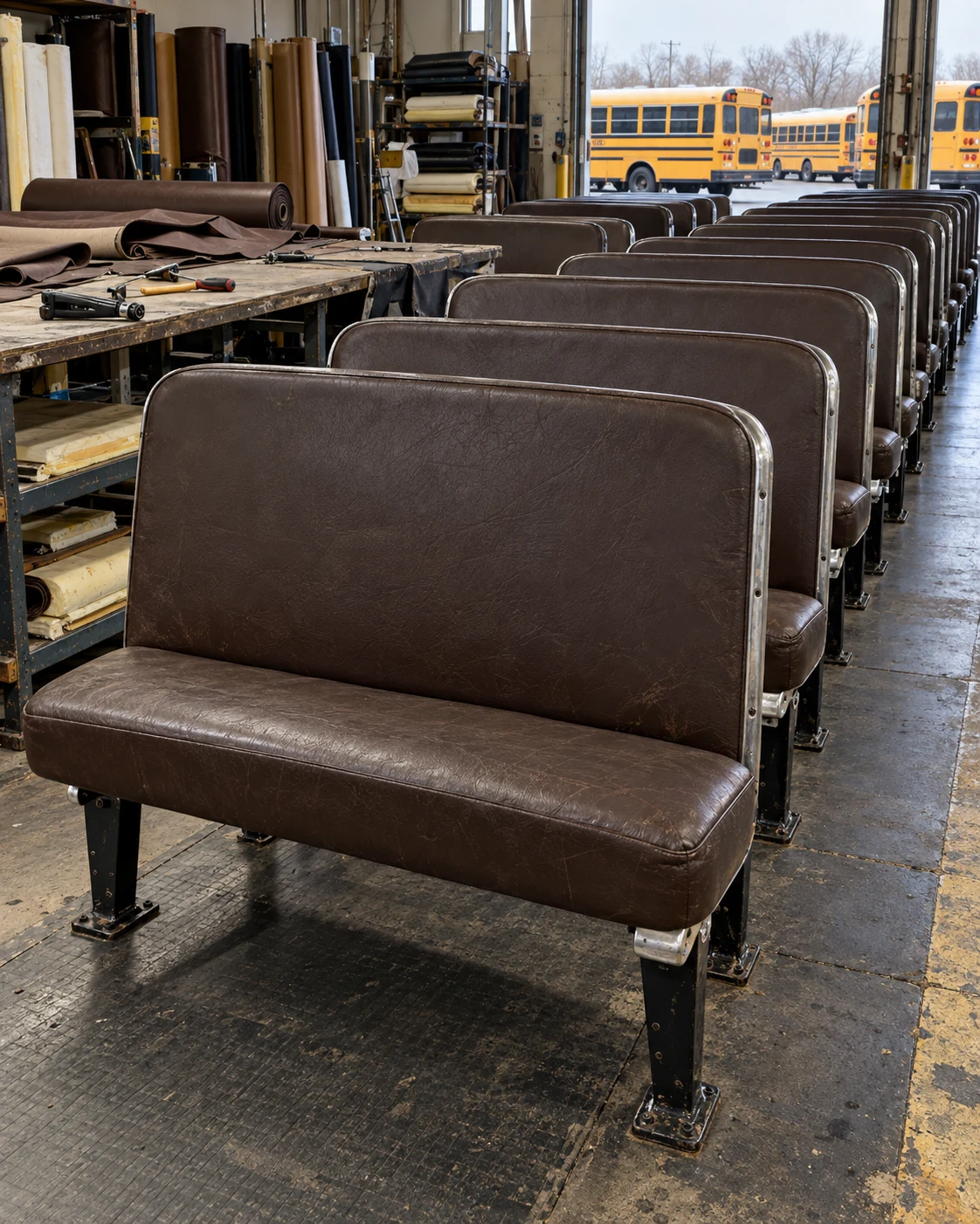 School bus bench seat frames lined up on a shop floor