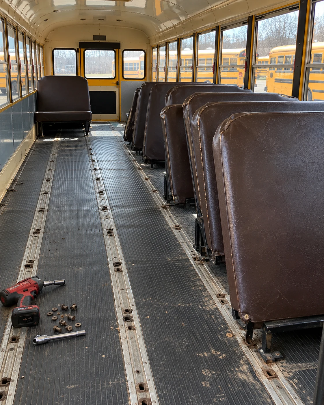 Bench seats unbolted and lifted out inside a school bus