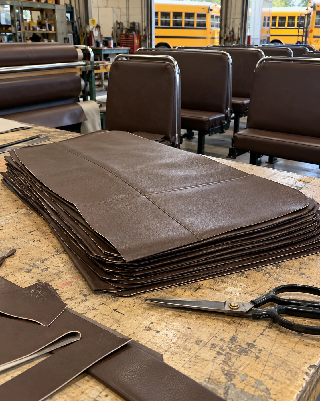 Cut vinyl cover panels stacked on a cutting table