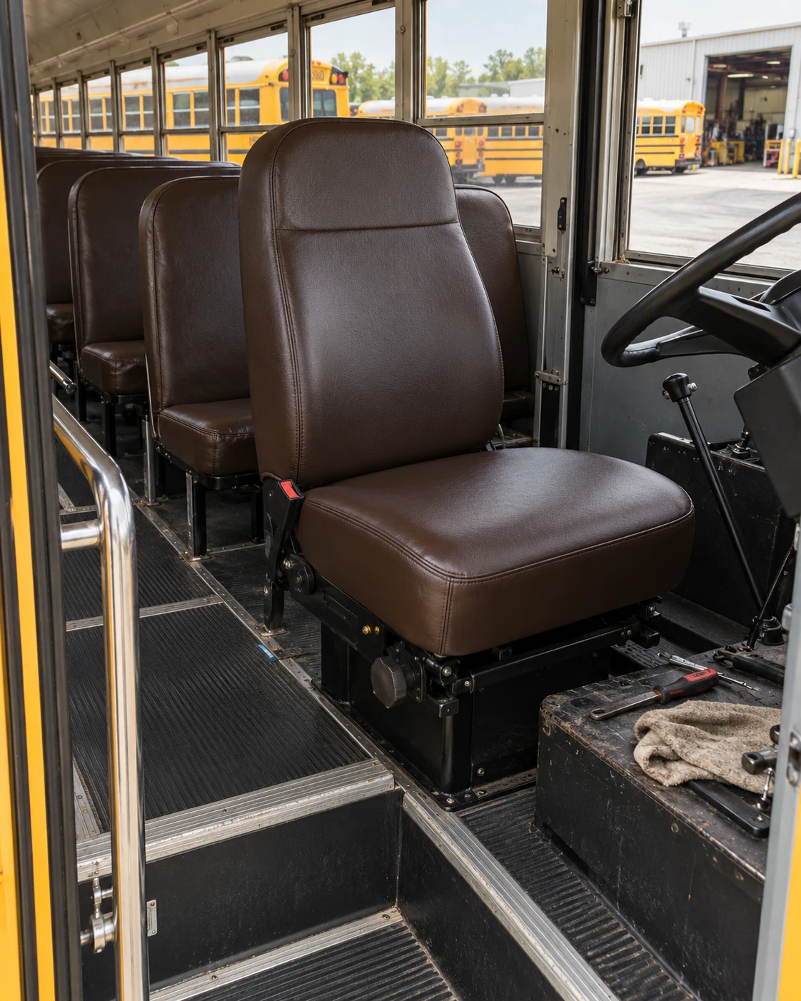 A recovered school bus driver seat
