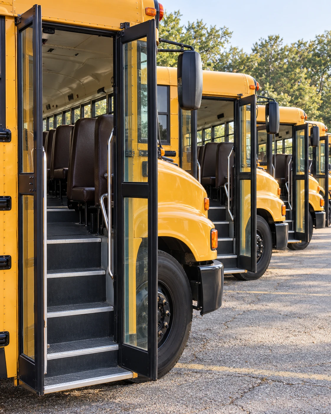 A school bus yard with the fleet finished at the end of summer