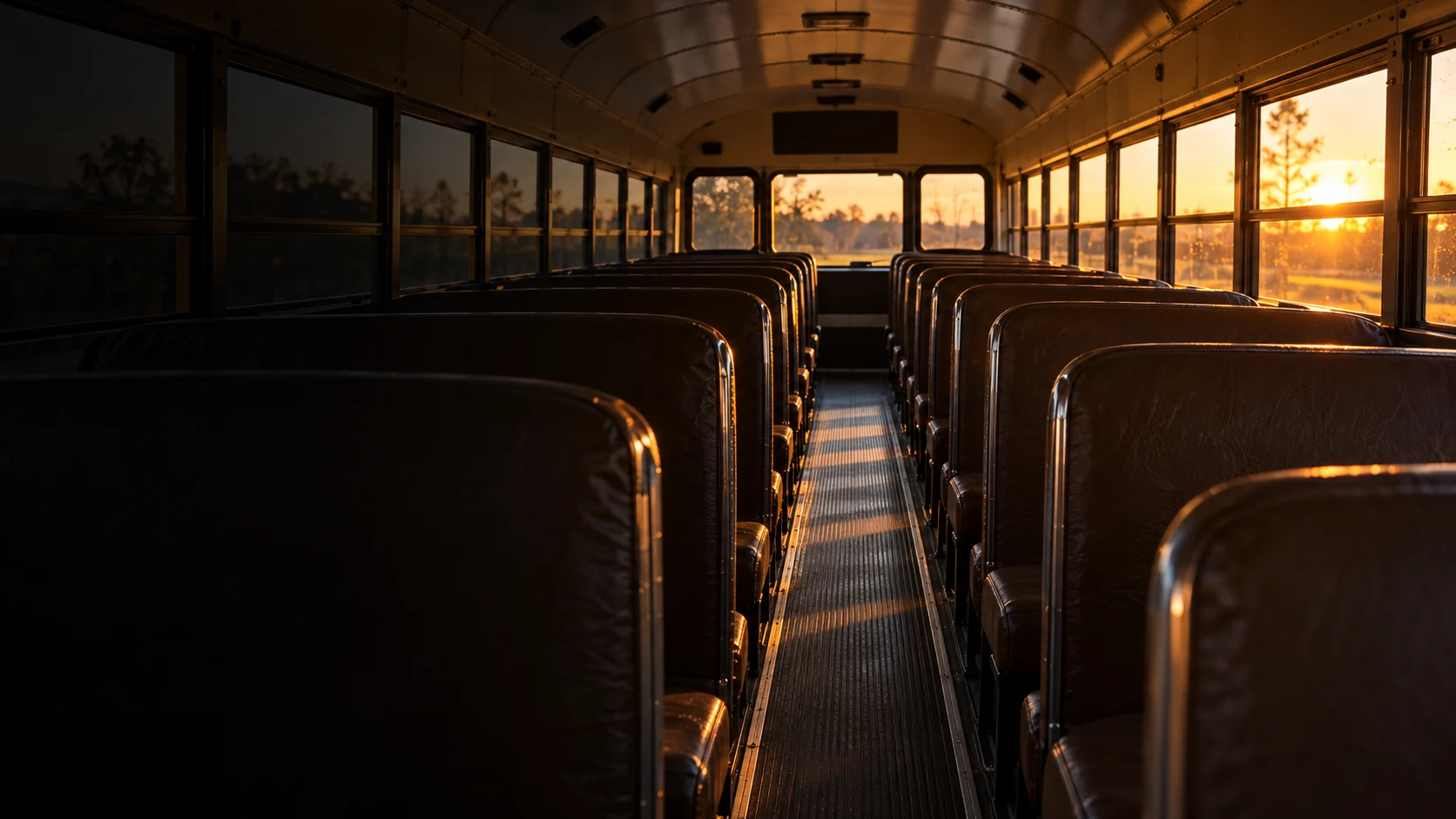 A finished school bus interior at the end of the day with new seat covers down the aisle