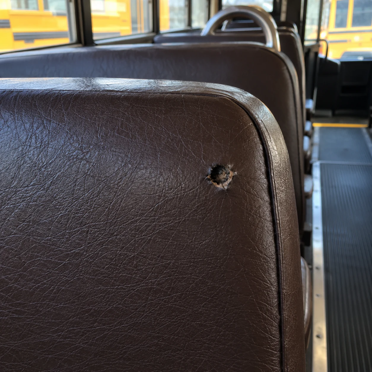 A small burn hole in school bus seat vinyl