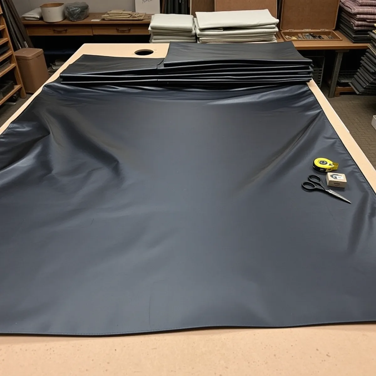 Seat covers laid out on a cutting table