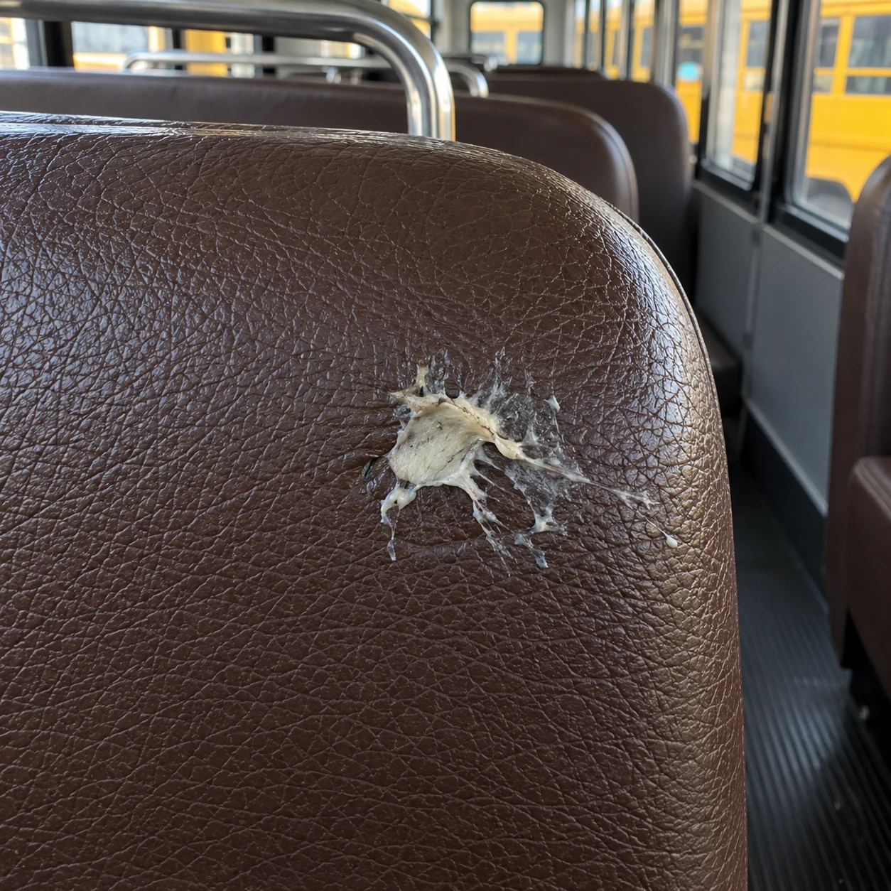 Chewing gum pressed into the grain of a school bus seat