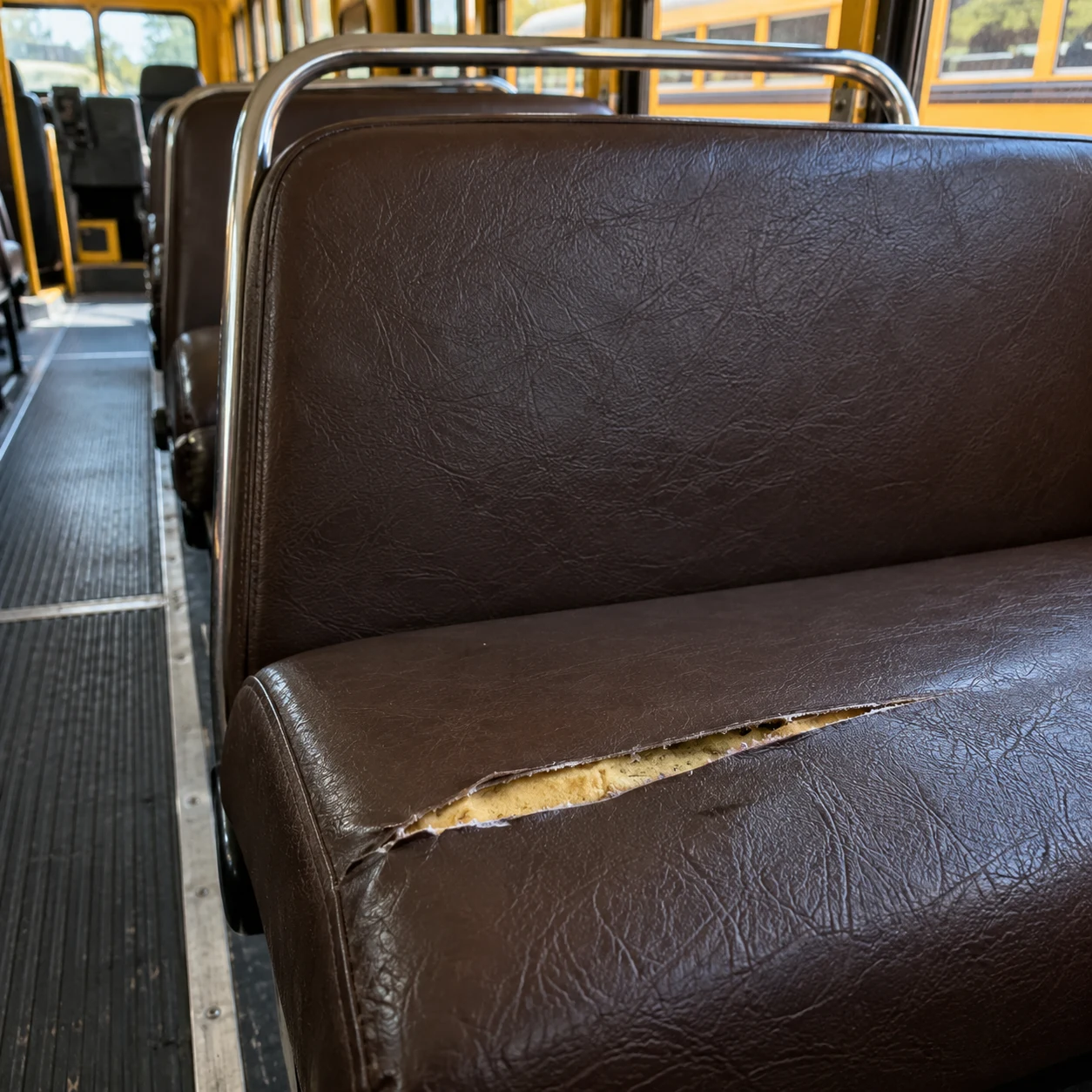 A knife slash across a brown school bus seat cushion