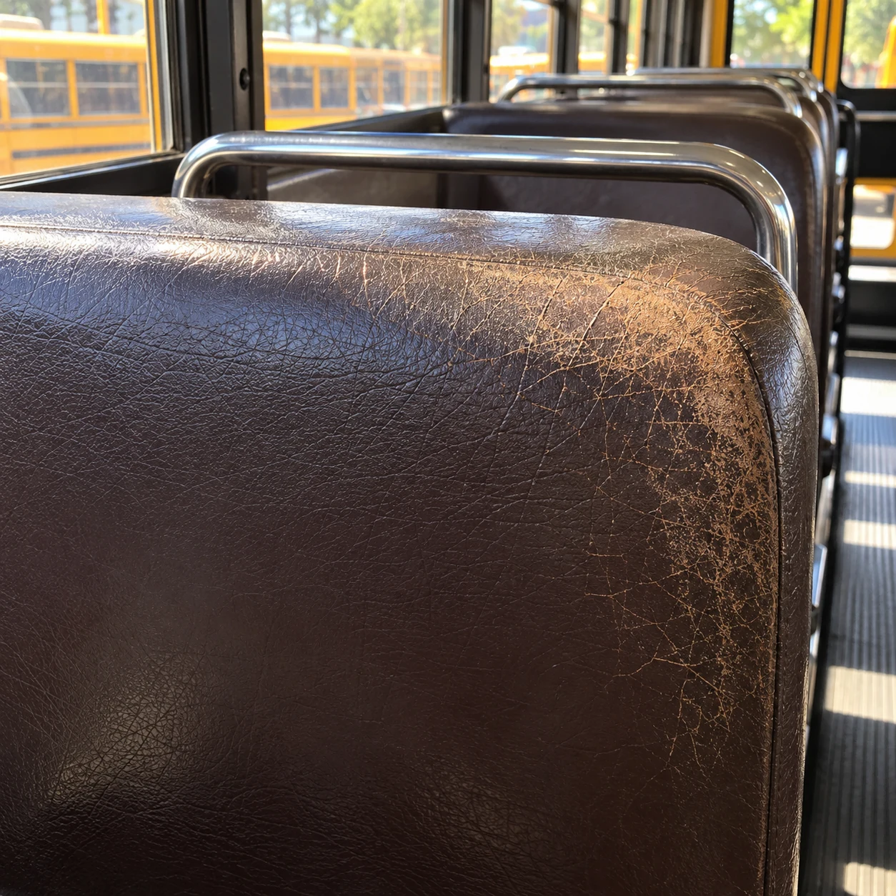 Cracking and fading along the window side of a school bus seat