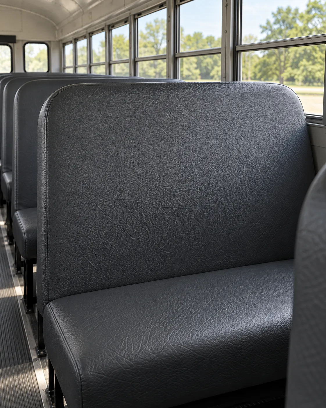 A vinyl bench seat in a school bus