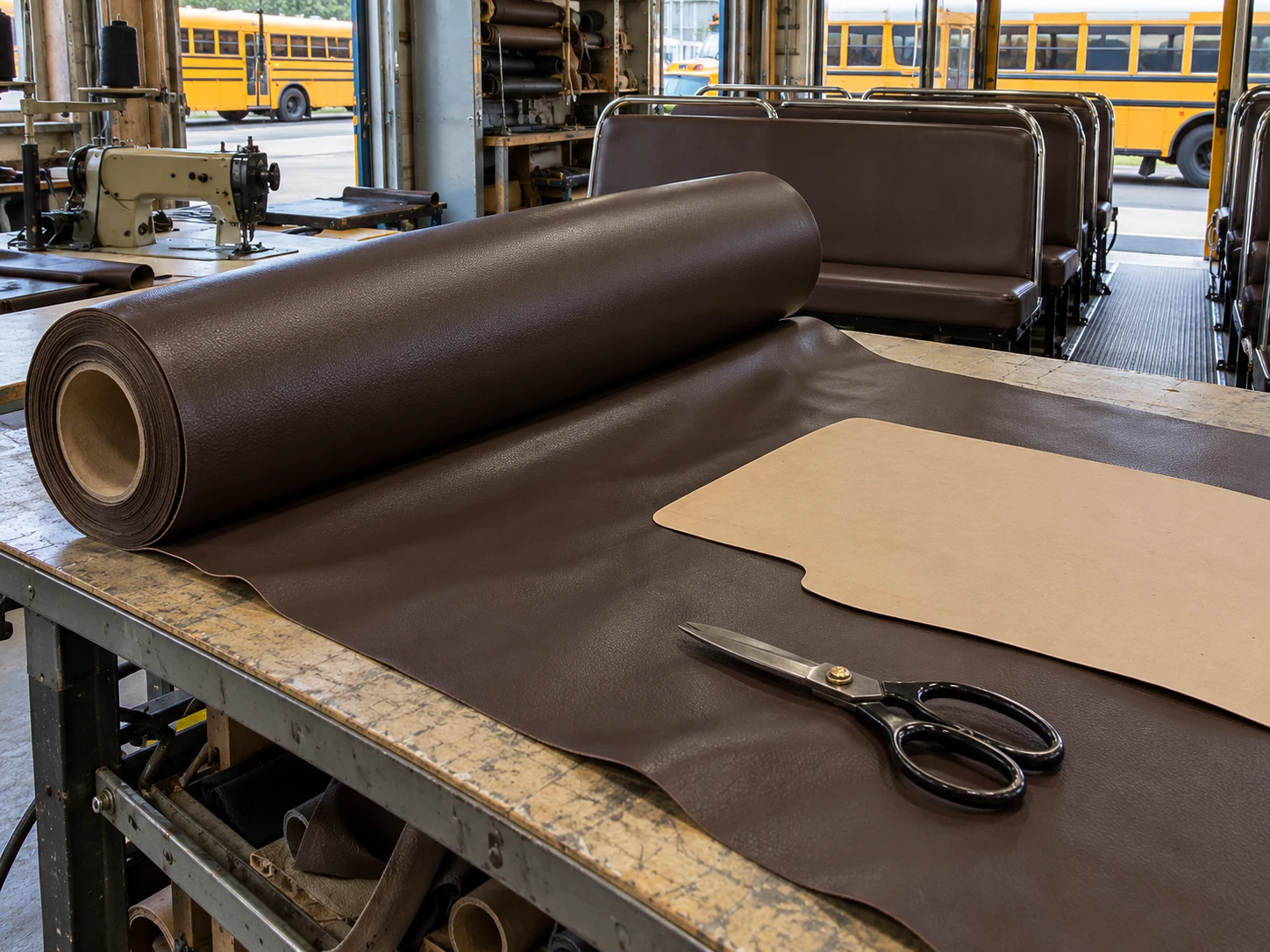 A roll of transportation-grade brown vinyl part-unrolled on a cutting table