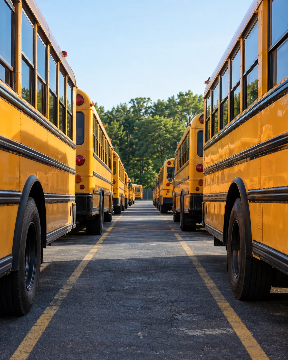 A yard of parked school buses at the start of summer