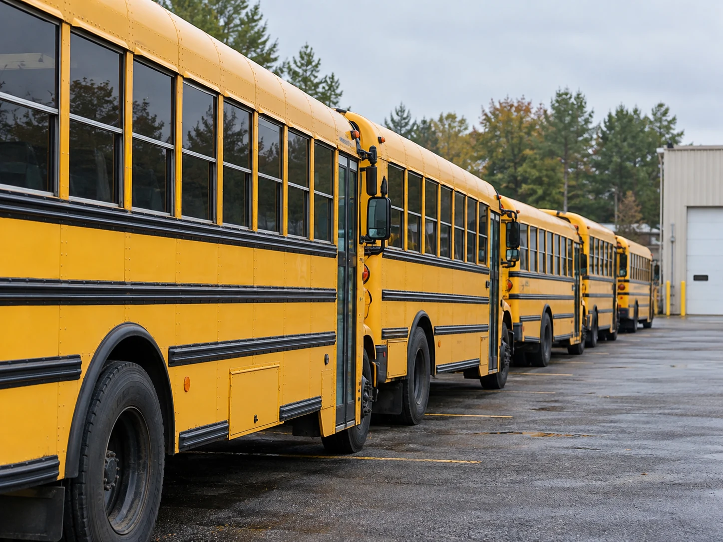A row of parked school buses seen along the side in the yard