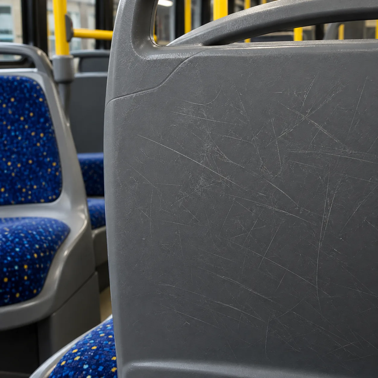 Scratched graffiti on the hard plastic back panel of a bus seat