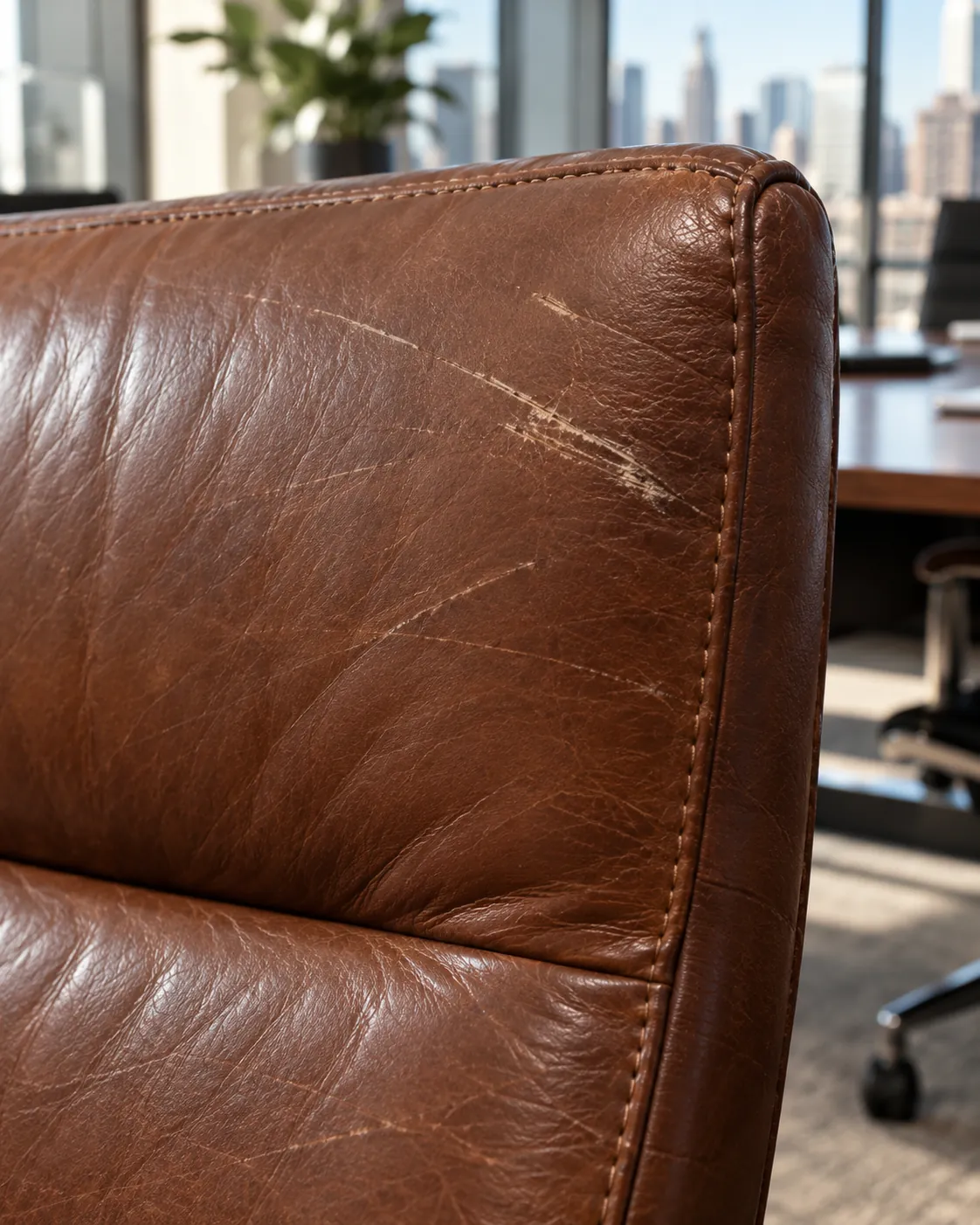 Scratches across the leather arm of an office chair