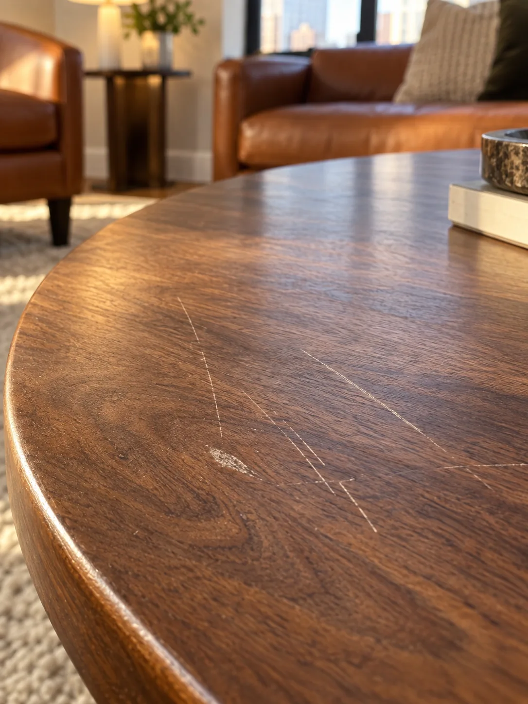Close-up of scratches on a wood coffee table top
