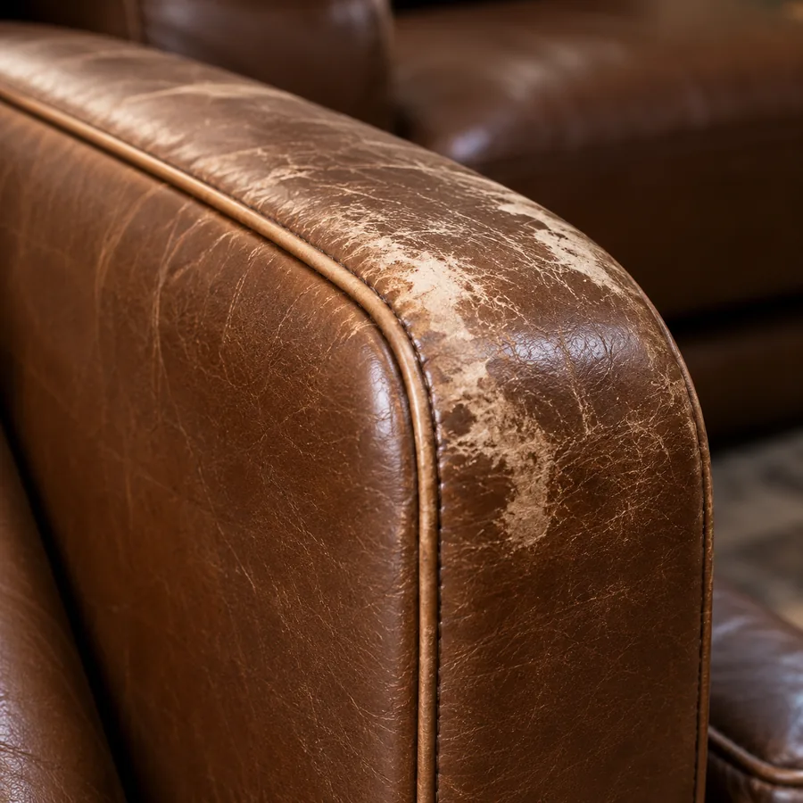 Worn crown on top of a leather sofa arm