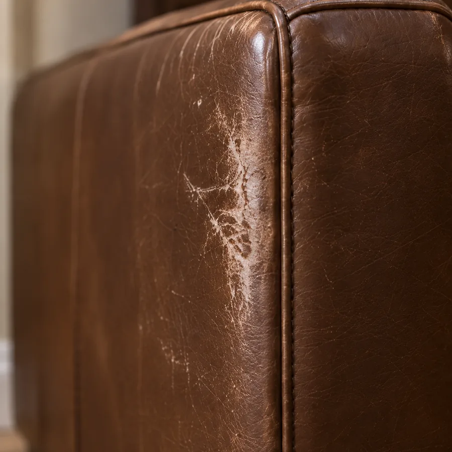 Scuffed outside back corner of a leather sofa