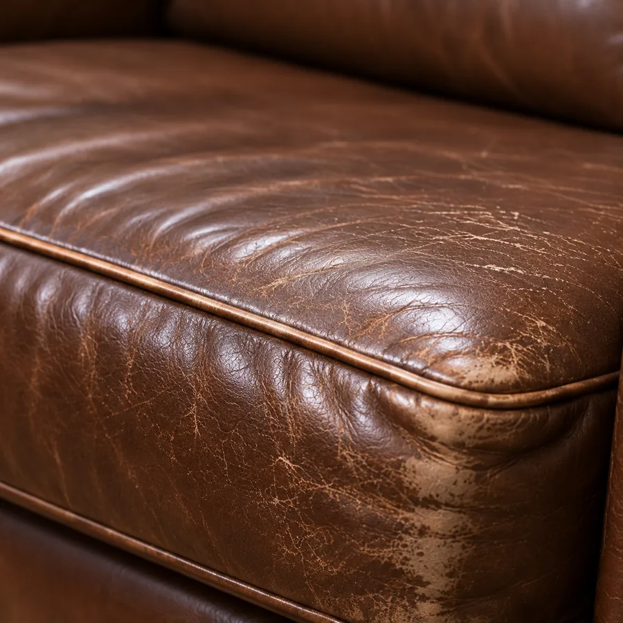 Worn front edge of a leather seat cushion