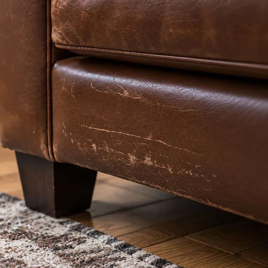 Scuffed lower front rail of a brown leather sofa