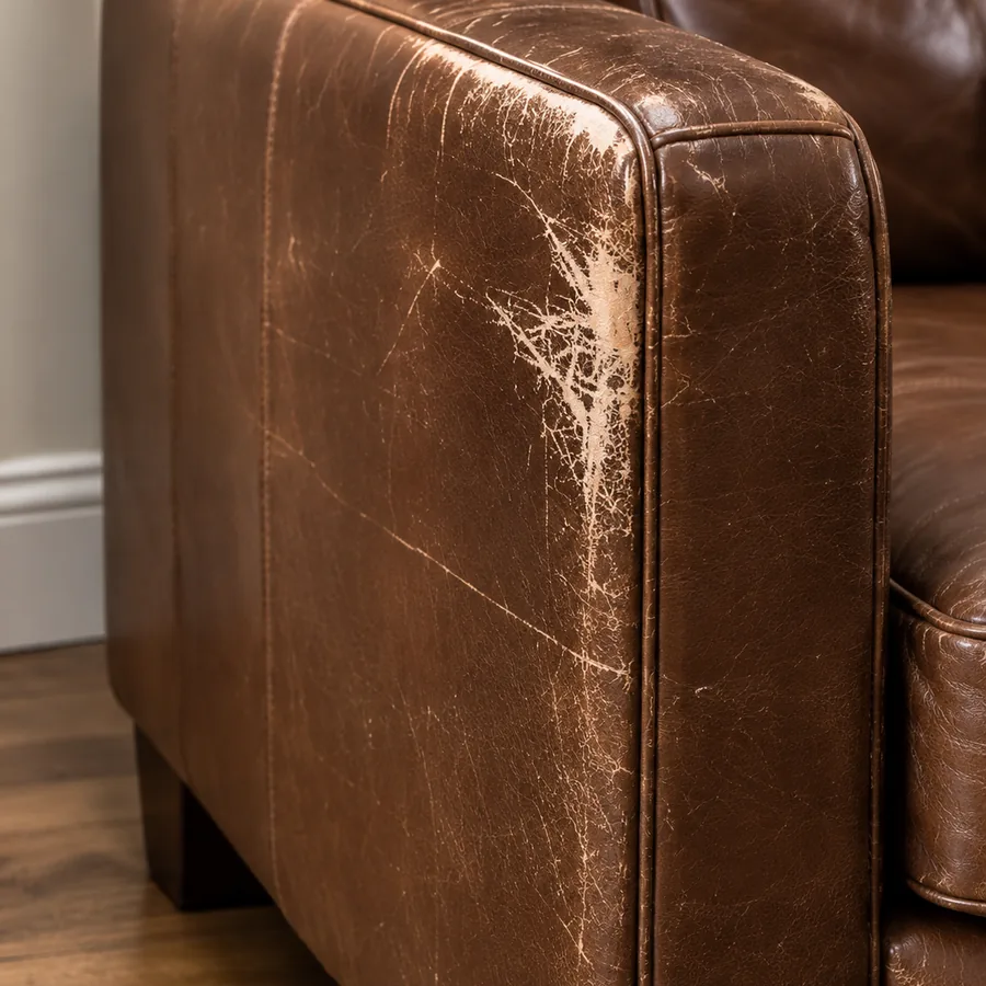 Scratched and scuffed outside arm of a brown leather sofa