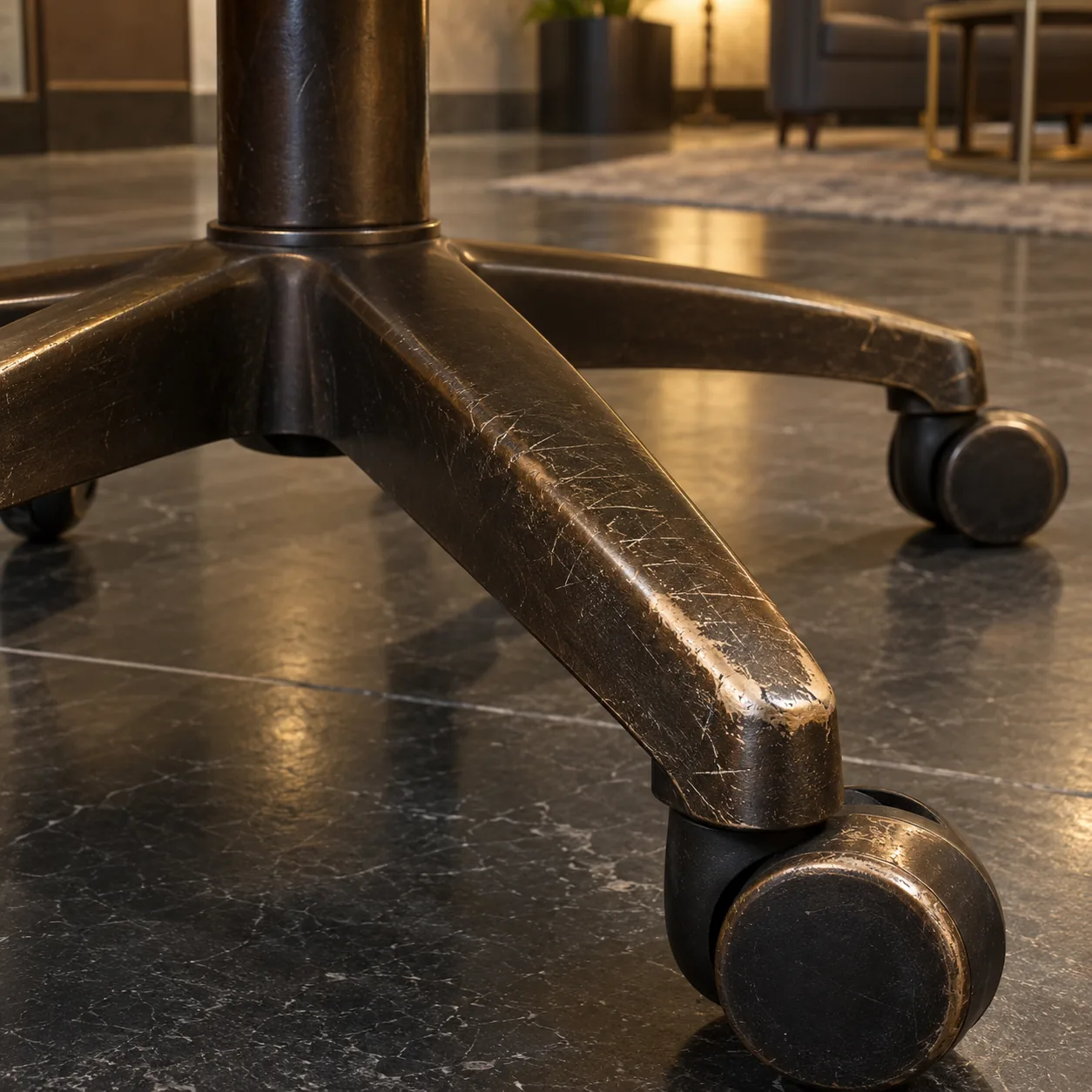 Scuffs and scratches on a metal chair base in a lobby