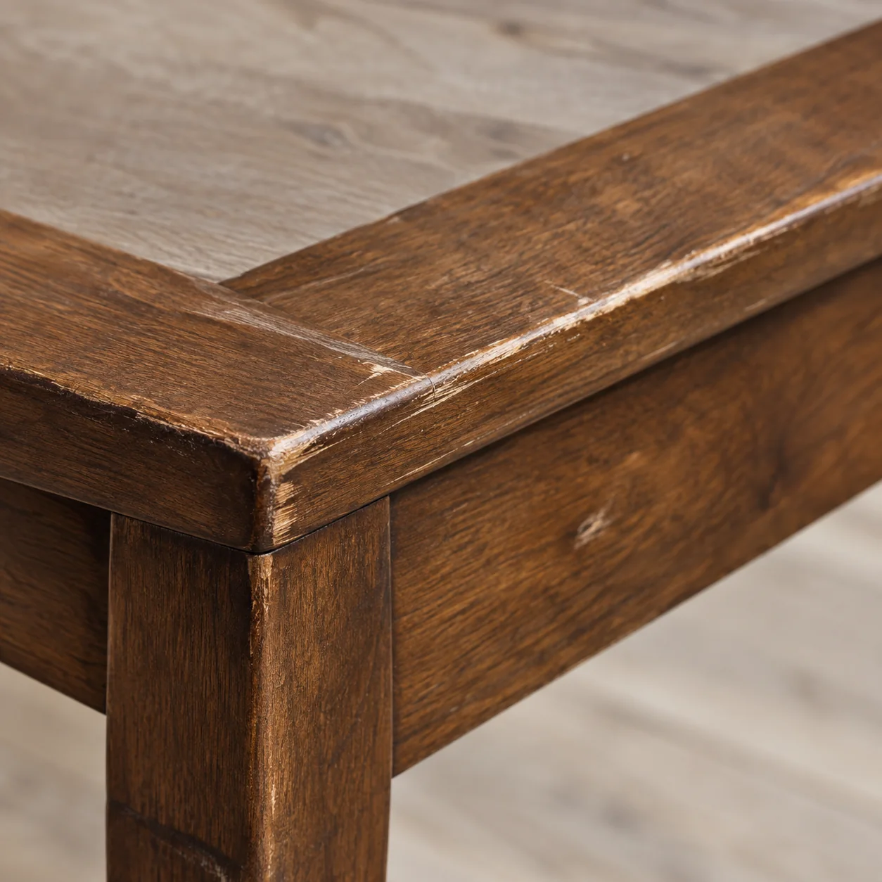 Surface wear and scuffing on a walnut chair frame corner