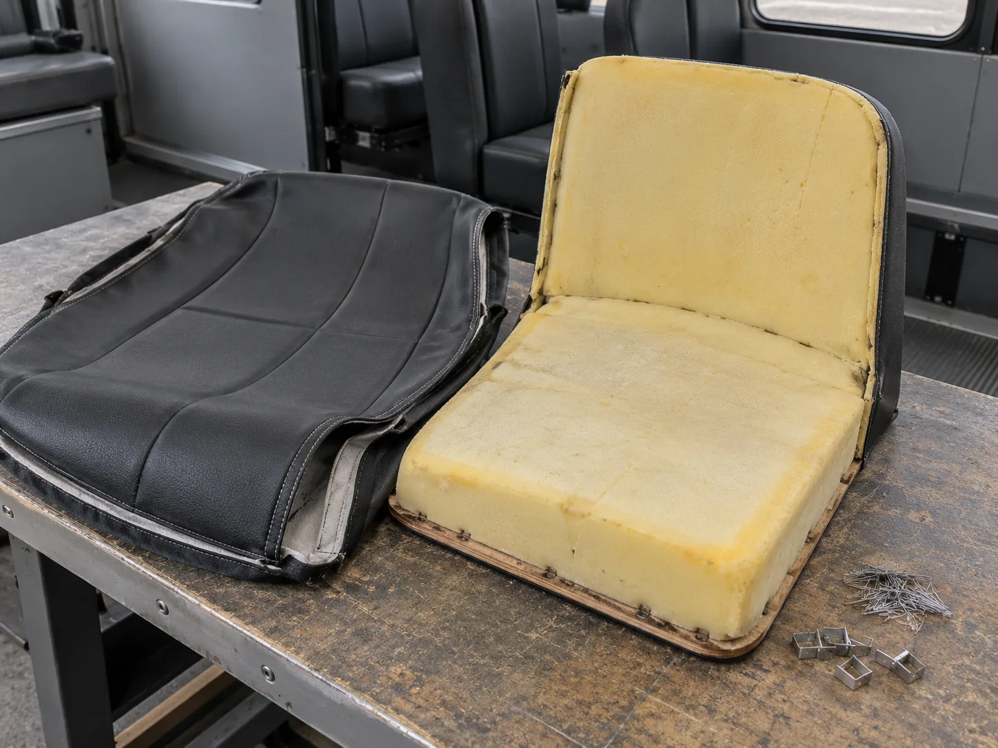 A seat with the cover removed and the old foam still on the board