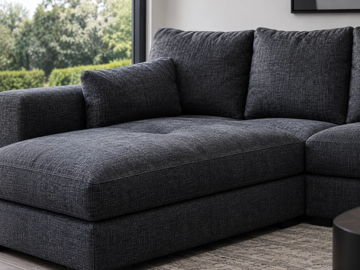Family room sectional by a garden window