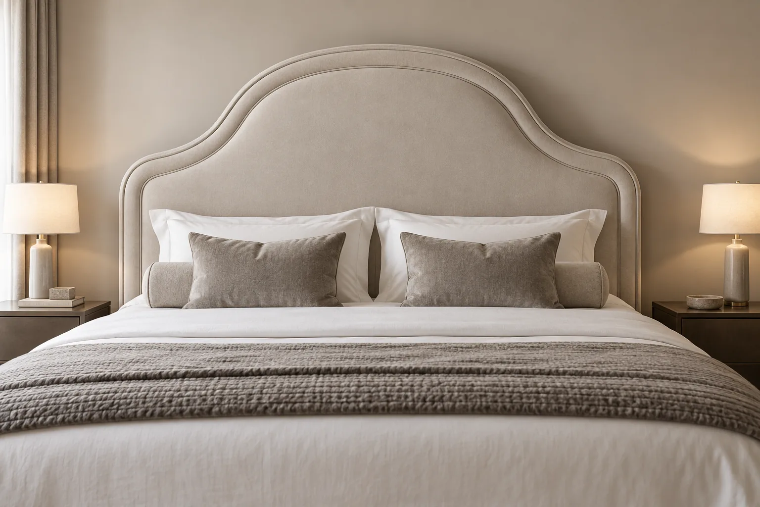 Cream serpentine headboard with a raised outline border stitched inside the edge