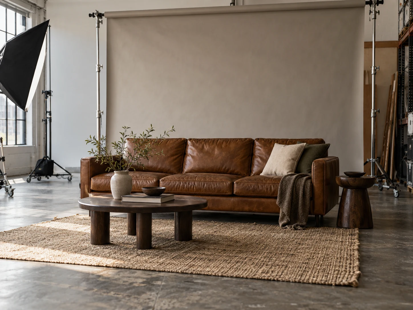 A styled interior vignette on a studio floor
