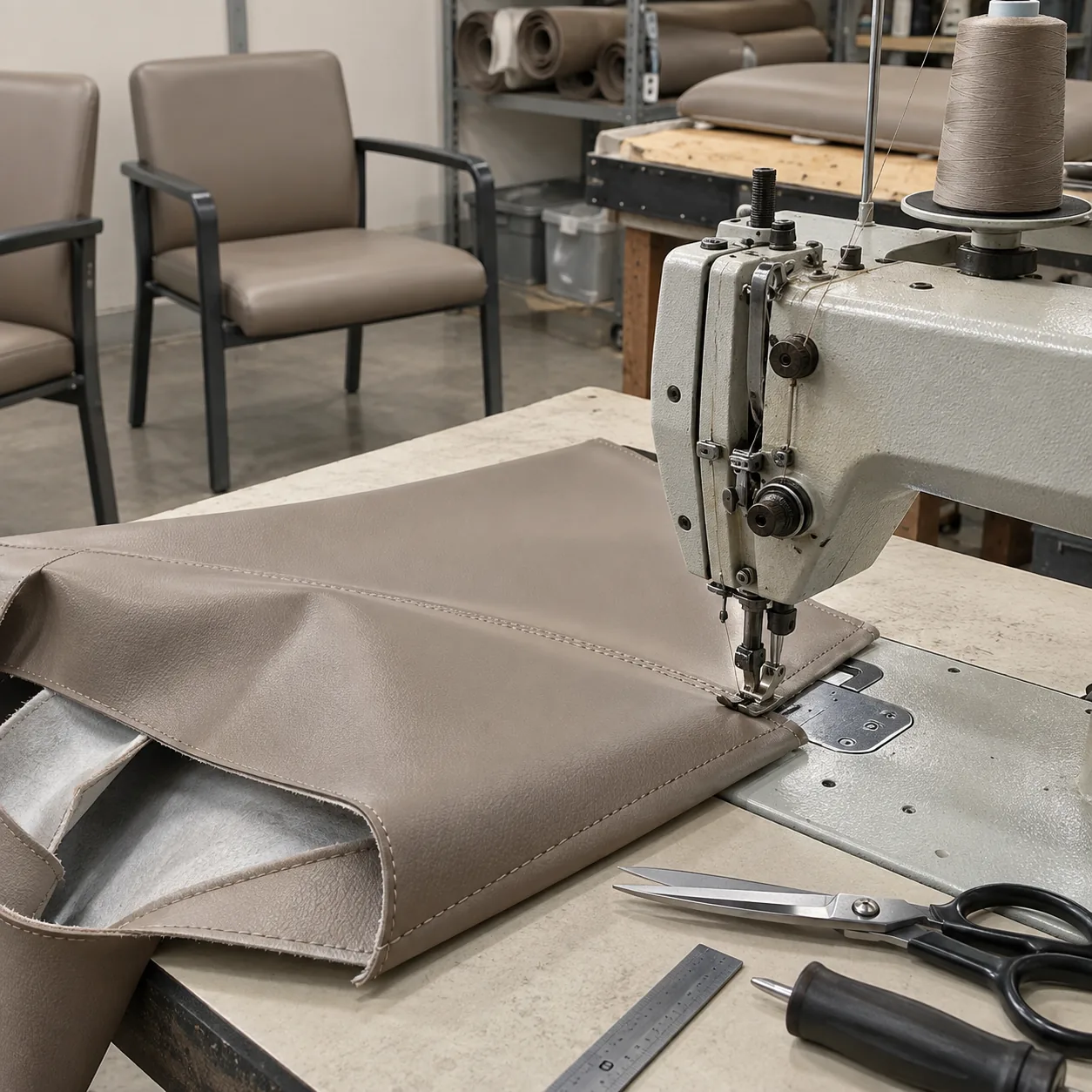 A taupe vinyl chair cover being sewn on an industrial machine