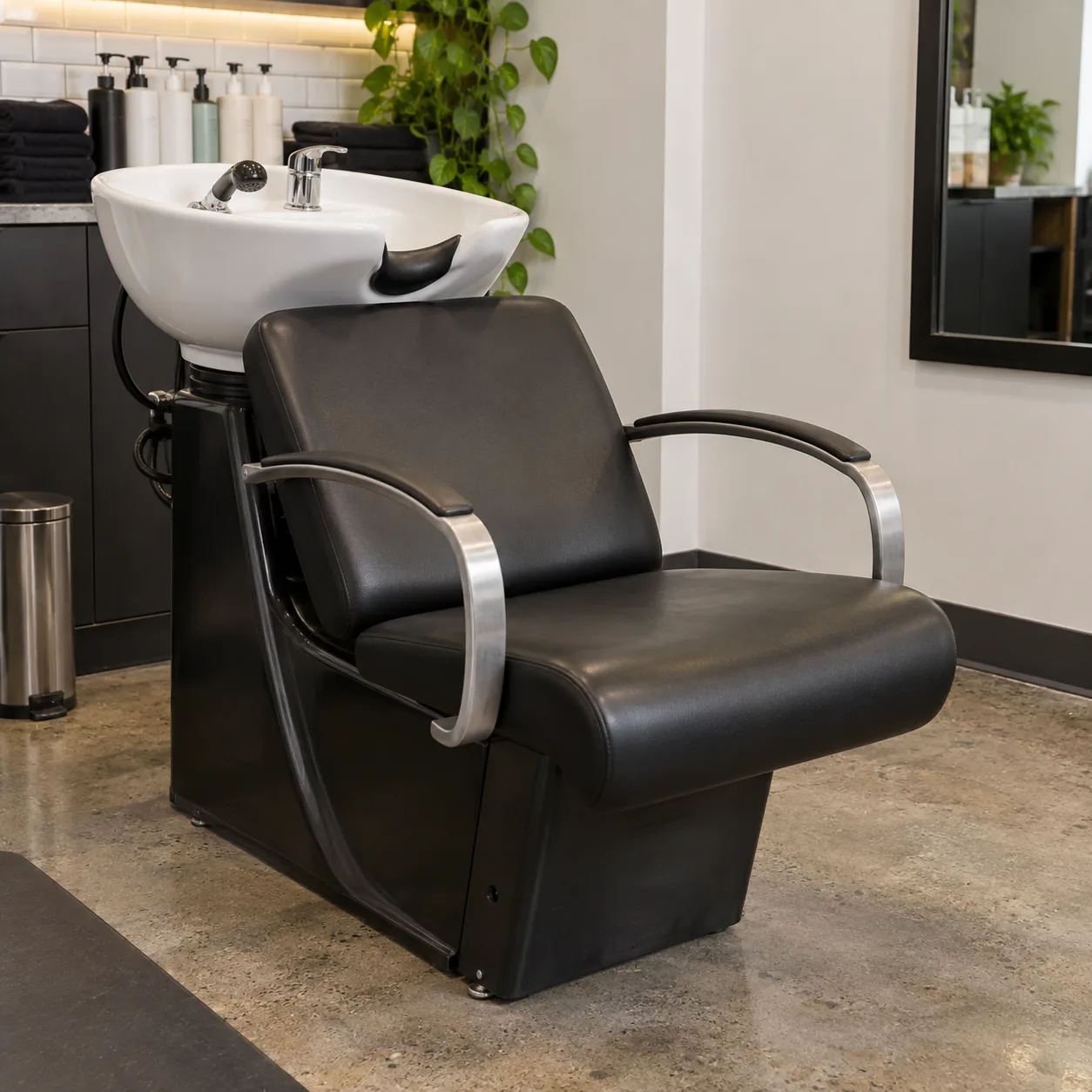 The black vinyl seat of a shampoo backwash chair