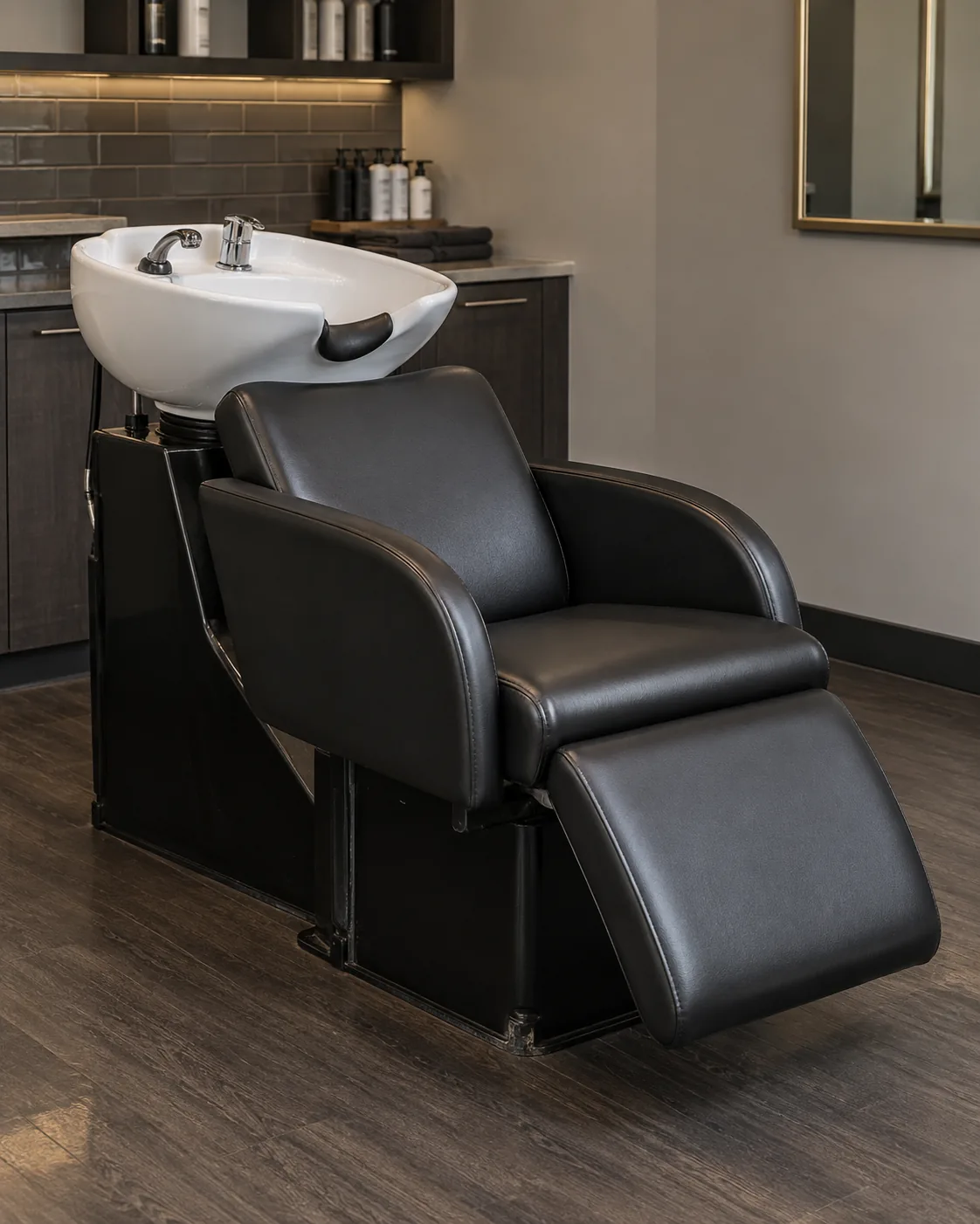 A shampoo backwash unit with a padded black seat