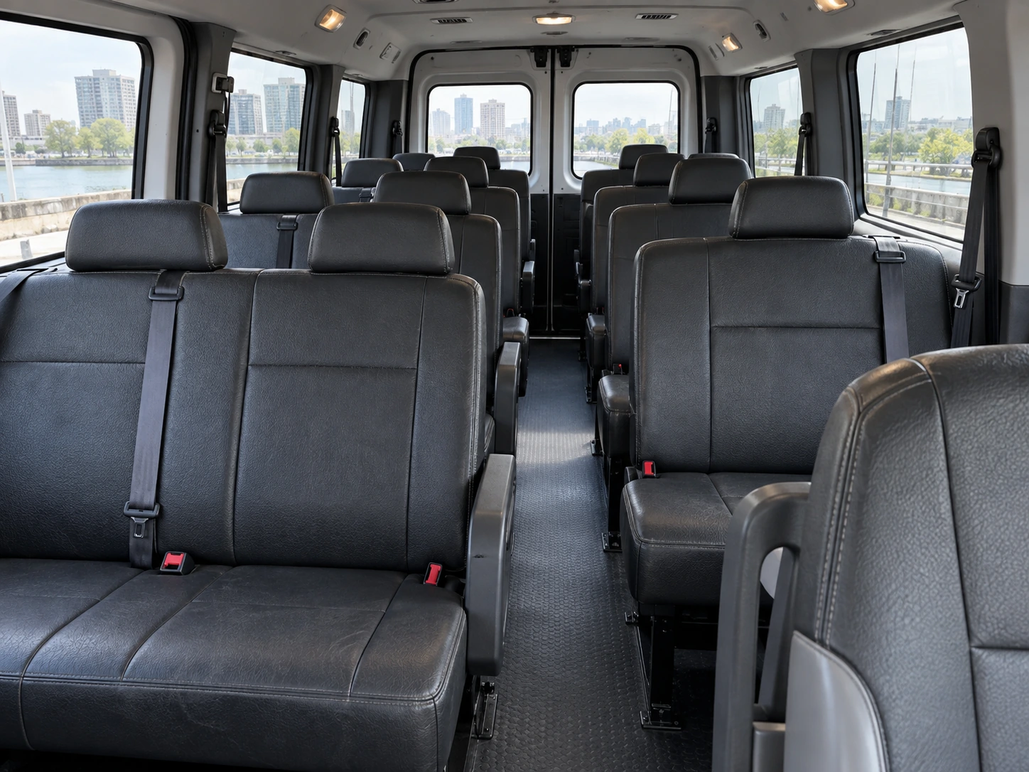 The interior seating of a shuttle van